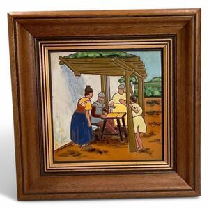 Antique Don Quixote Scene 8” Enameled Clay 8” Square Tiles Custom Framed